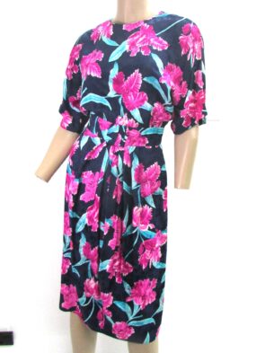 Maggy London Vintage 80's Dress, Multi Color Floral 100% Silk Size 4