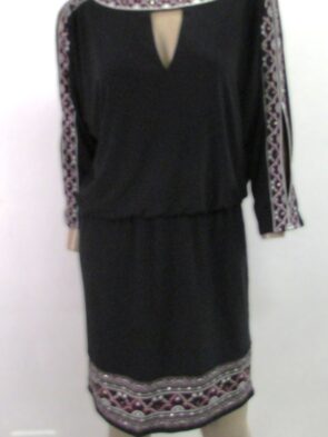 White House Black Market Vintage Black Long Sleeve Dress w Beaded & Stitched Design Size M