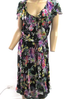 Lauren Ralph Lauren Black Multi Color Floral Print Dress w Belt and Lining Size 12