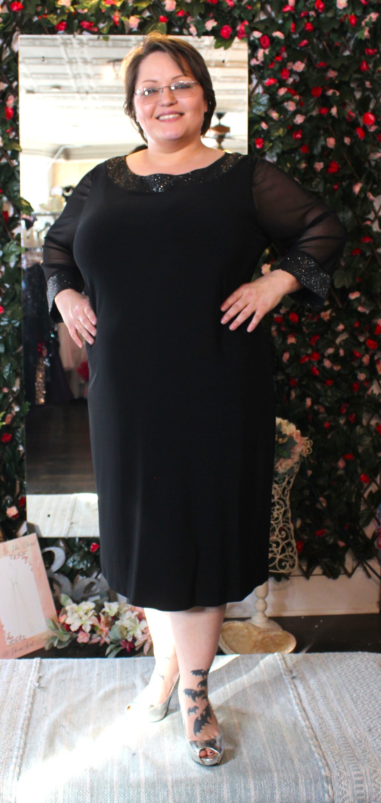 Tiana B. Black Dress Sheer Long Sleeves w Decorative Collar and Cuffs Size 18W