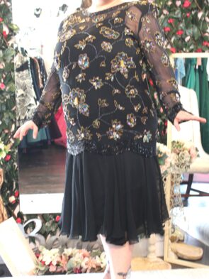 Jovani Vintage 80's Black Multi Color Silk Beaded Dress Size 1X