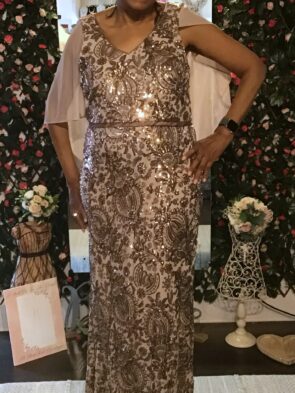 R&M Richards Brown Sequin Gown w Tan Cape Size 14