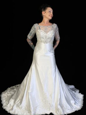 Mori Lee Madeline Gardner Satin Candlelight Silver Beaded Bridal Gown  Sort Sleeves Size 6