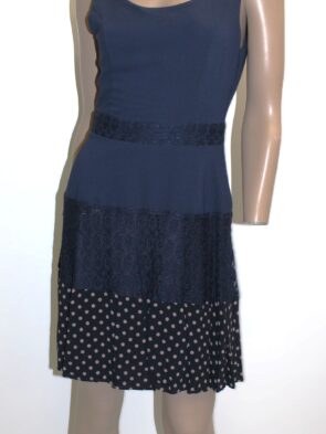 Doe & Rae Vintage Blue Sleeveless Dress w Crocheted Elements and Polka Dot Bottom Trim Size S