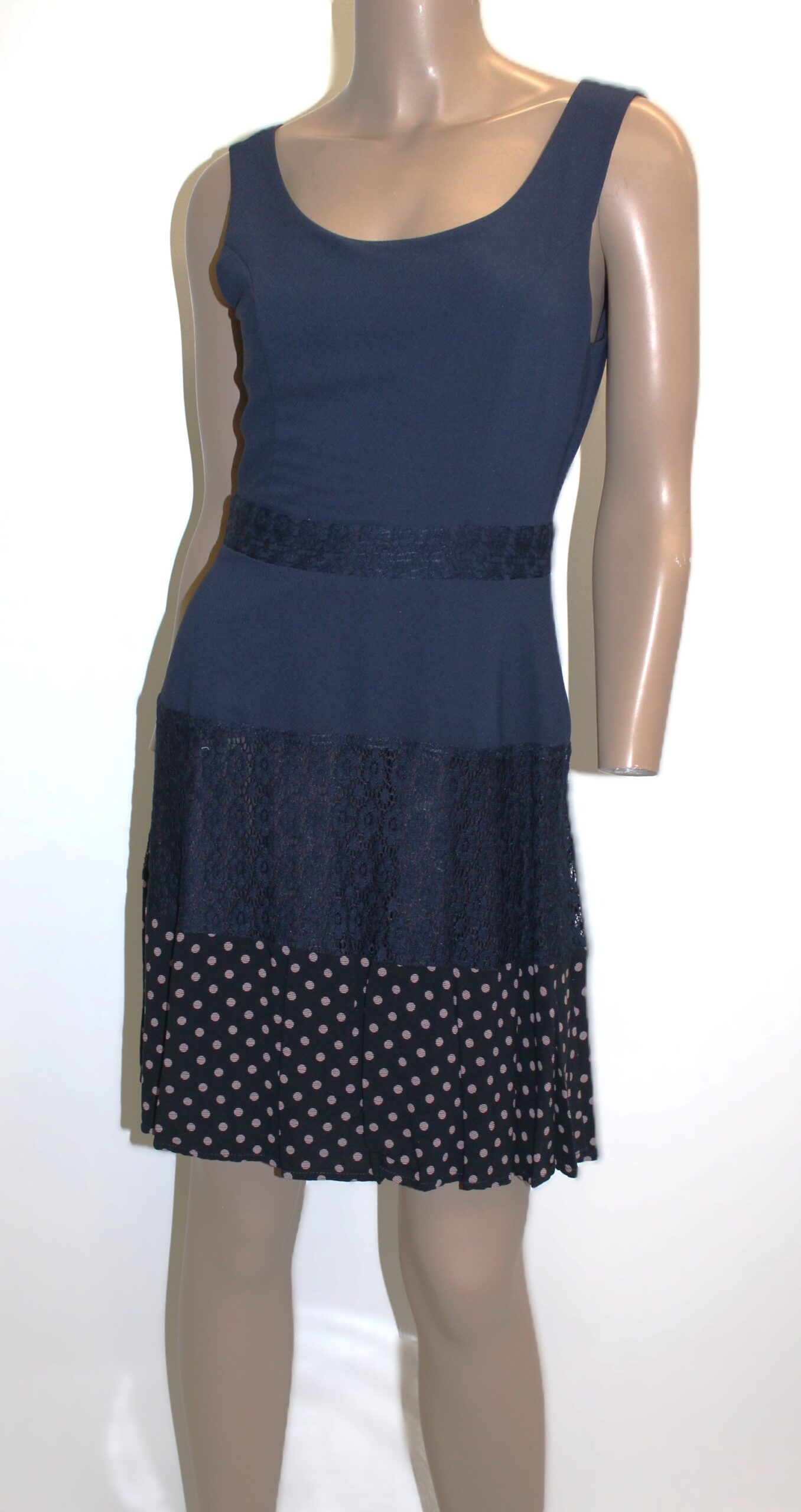 Doe & Rae Vintage Blue Sleeveless Dress w Crocheted Elements and Polka Dot Bottom Trim Size S