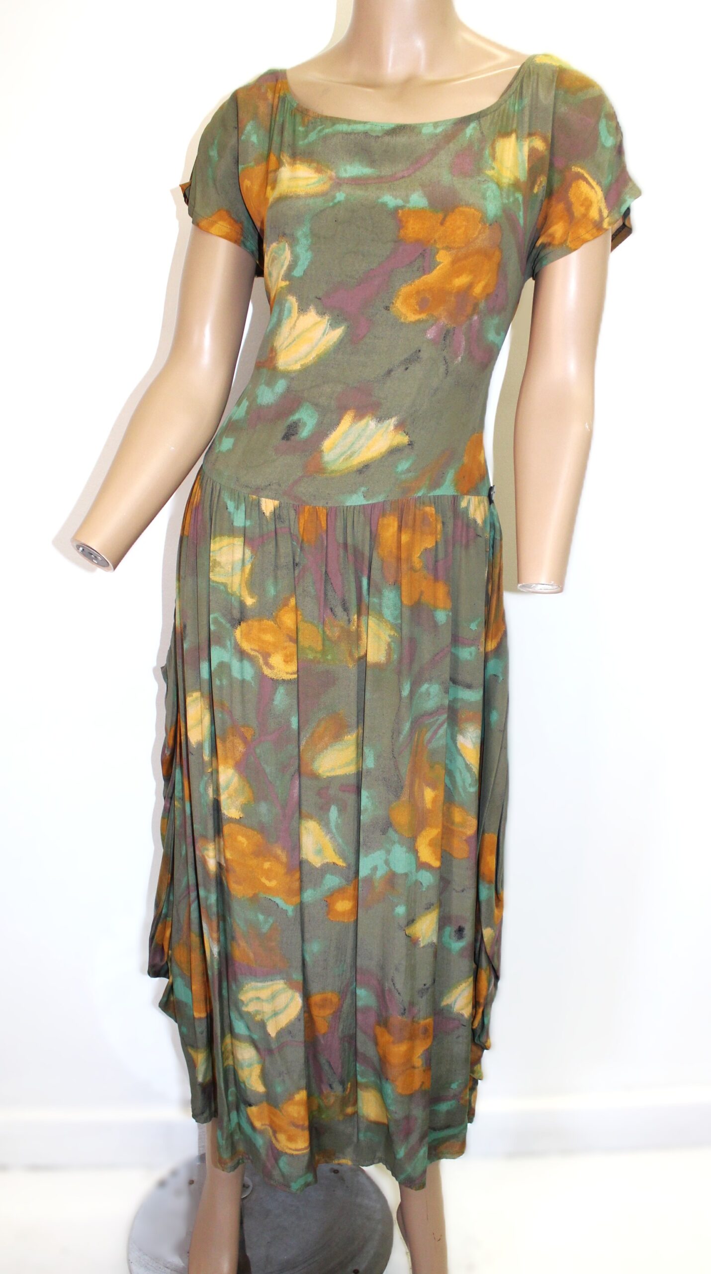 Dorin Frankfurt Vintage Floral Print Midi Dress w Draped Skirt Size M / L