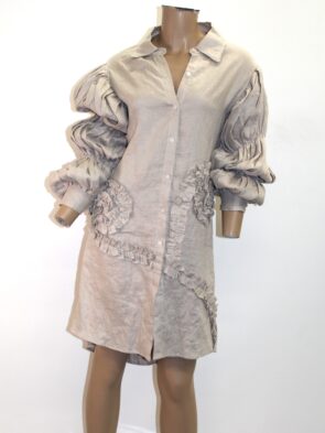 Margo Baridon Taupe 100% Linen Dress w Raised Floral and Peasant Sleeves Size M