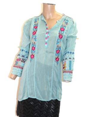 Johnny Was 100% Silk Sage Green Floral Embroidered Peasant Henley Top Size S